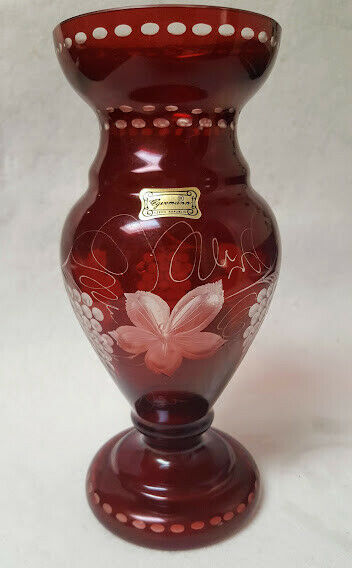 Vintage Signed Egermann Bohemian Ruby Red Cut To Clear Etched Glass Vase, Footed